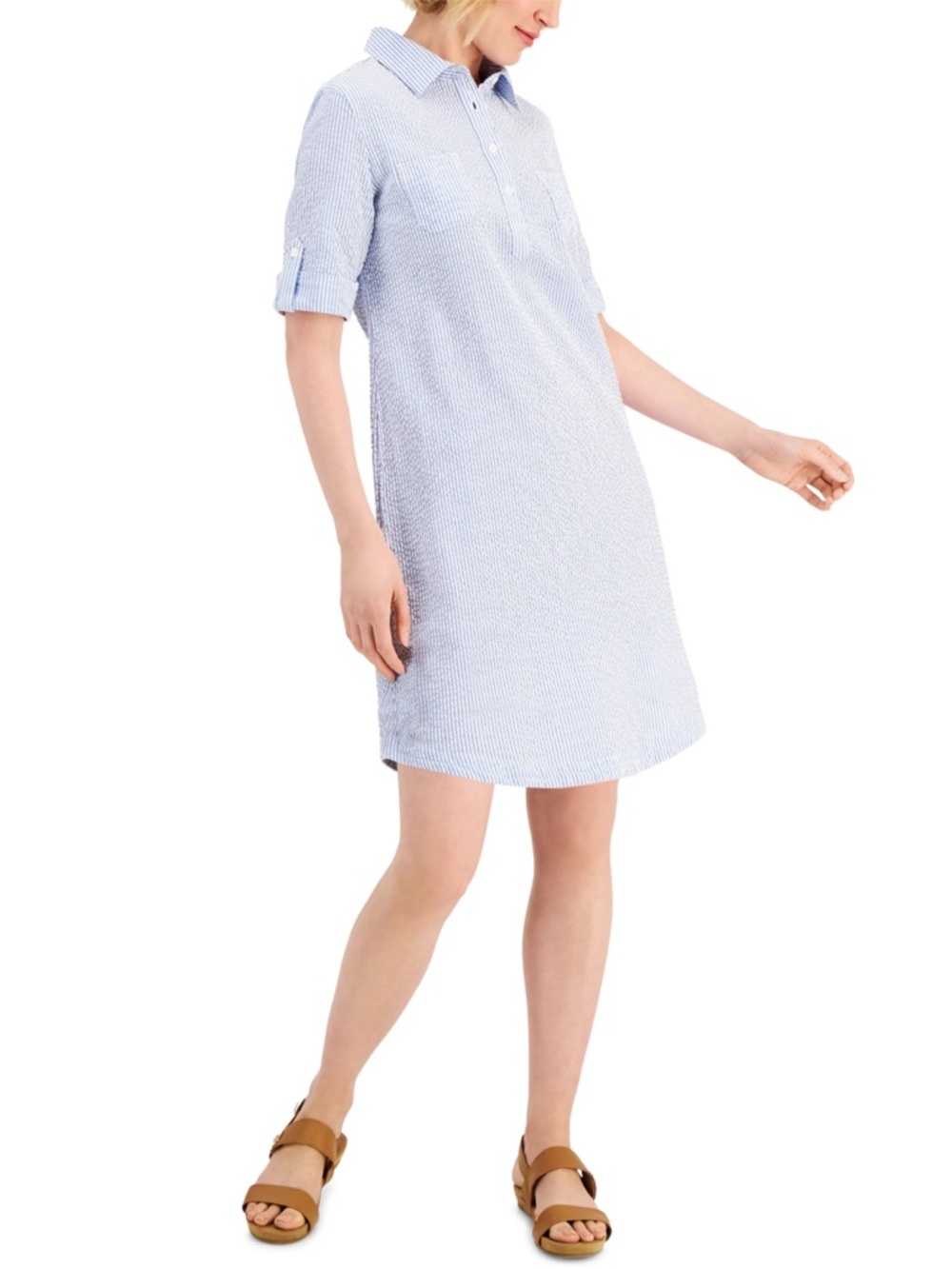 Light Blue Seersucker Short Dress | Karen Scott | Large
